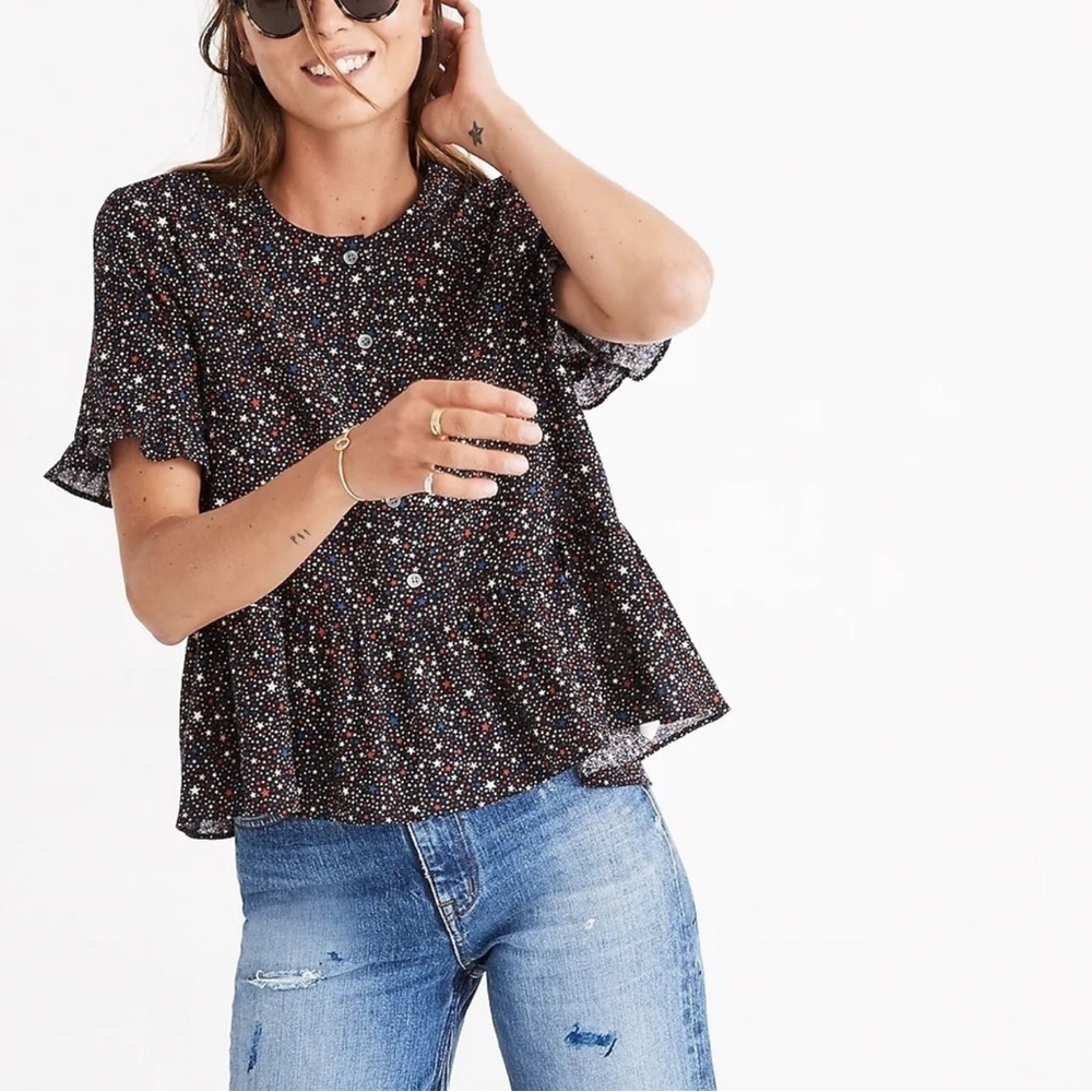 Madewell Black and White Ruffled Flutter Sleeve Blouse